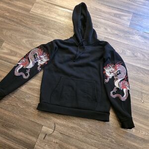 Forever 21 Black Hoodie Sweater with Red and White Dragon Sleeve Embroidery